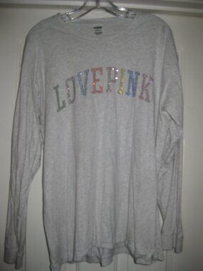 Pink by Victoria's Secret Long Sleeve Rhinestone LOVE PINK Gray Size XL Shirt